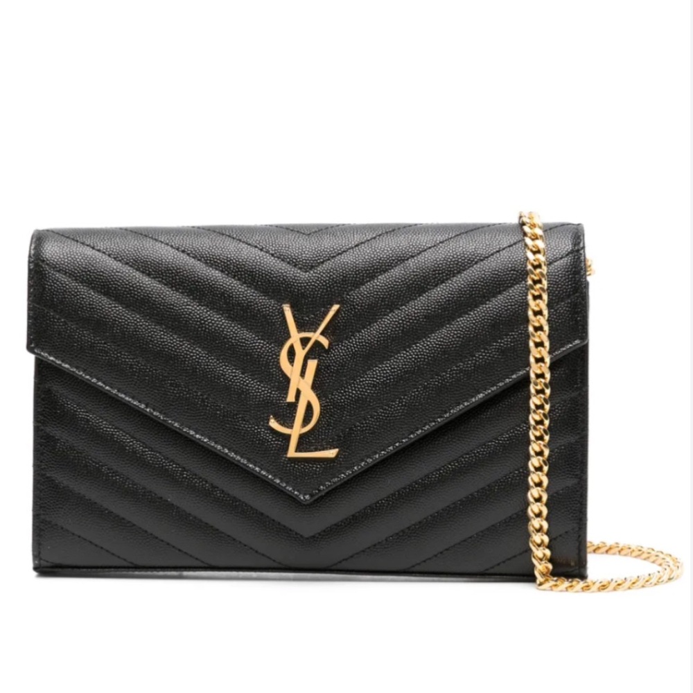Saint Laurent Monogram Envelope Chain Wallet in Gold.